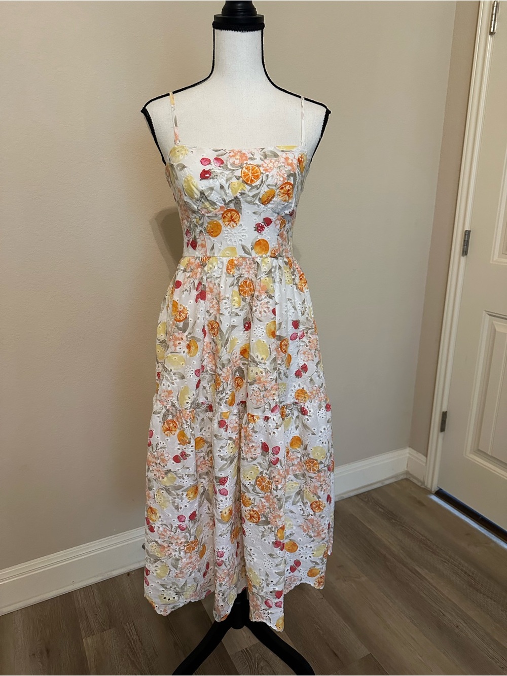 Francesca's Cream Eyelet Dress with Yellow & Olive Floral Accents